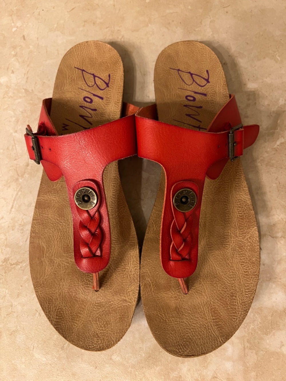 Blowfish Red Braided T-Strap Buckle Sandals